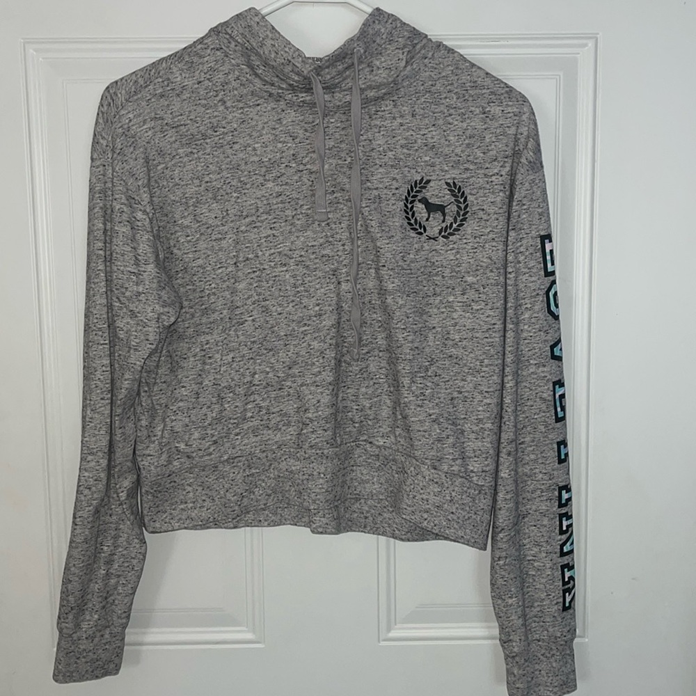 PINK Victoria's Secret Gray logo crop long sleeve hoodie top and Stylish XS - Picture 2 of 12